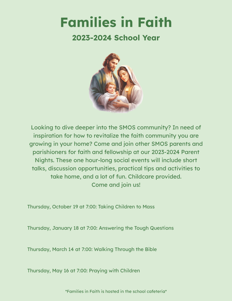 Come and join other SMOS parents and parishioners for faith and fellowship at our the rest of our Winter/Spring 2024 Parent NIghts.